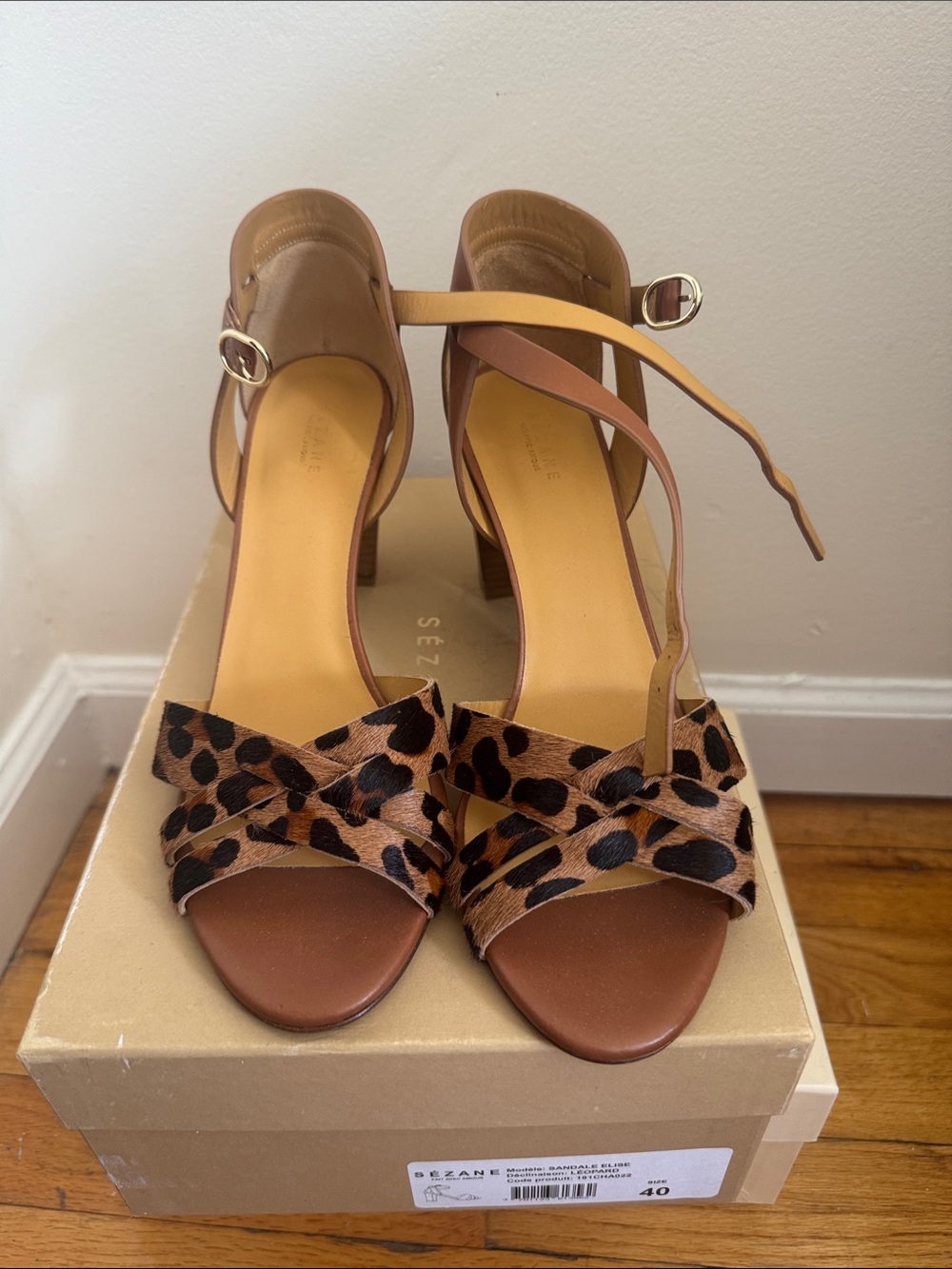 Sezane Leopard Print Ankle-Strap Heels in Brown and Tan